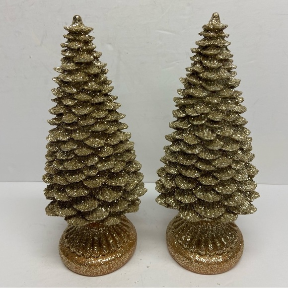 Enesco Christmas Tree’s Gold Sparkly On Pedestal Set of 2